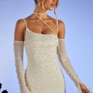 Oh Polly Ivory Pearl-Embellished Mini Dress